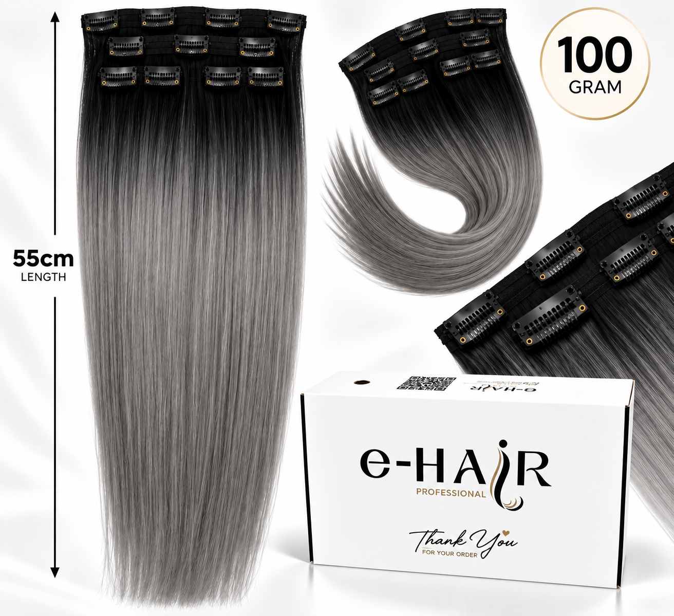 Τρέσα Φυσική Bronze line Hair Με Clips 55-60cm Ombre 1B-Gray#